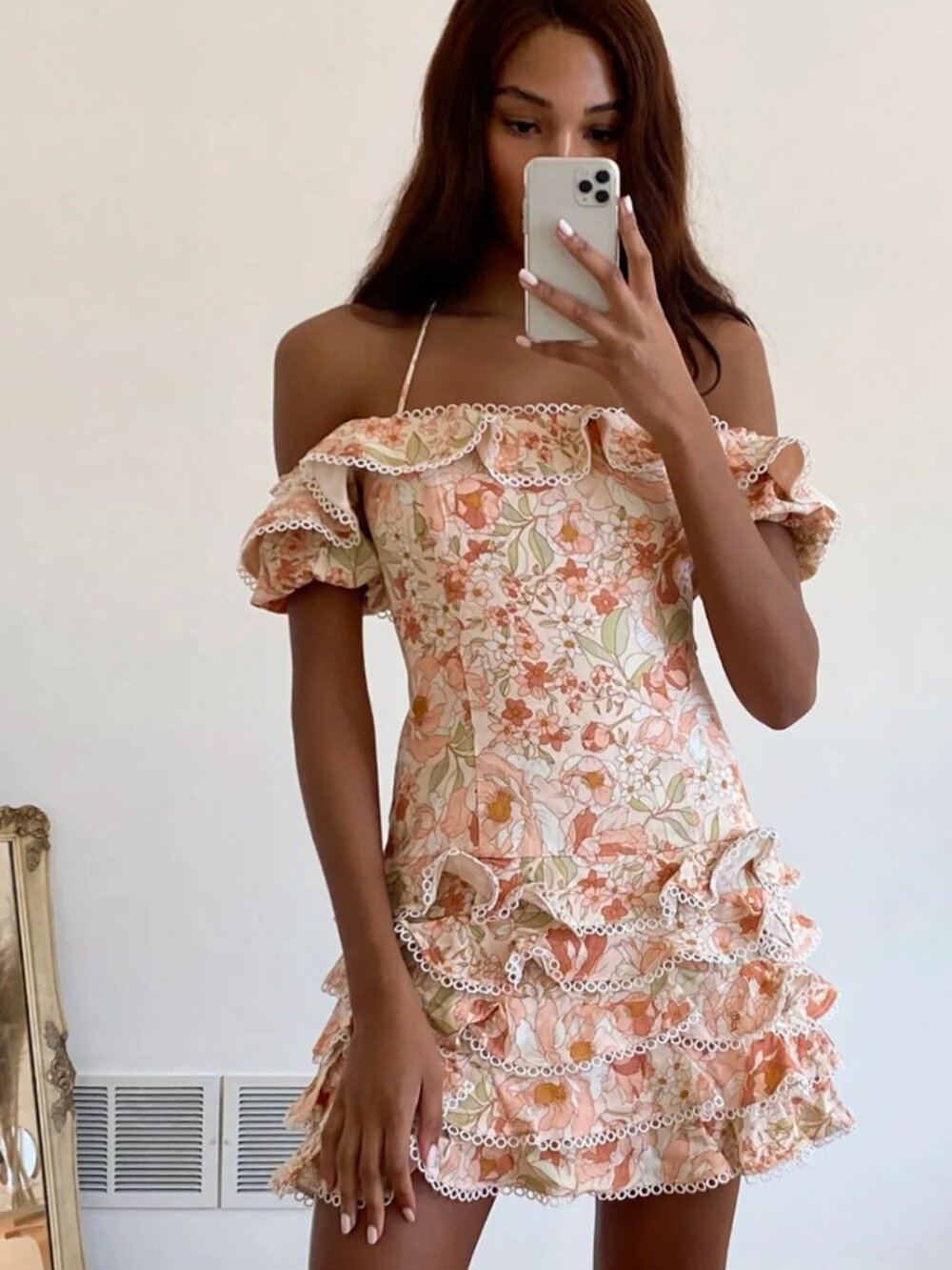BARDOT Caitlyn Peach Floral Off-the-Shoulder Ruffle Tiered Mini Dress SZ M - Picture 9 of 9
